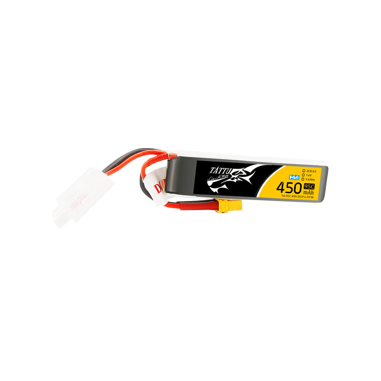Tattu 450mAh 7.6V High Voltage 95C 2S1P Lipo Battery Pack with XT30 Plug - Long Pack - DroneDynamics.ca