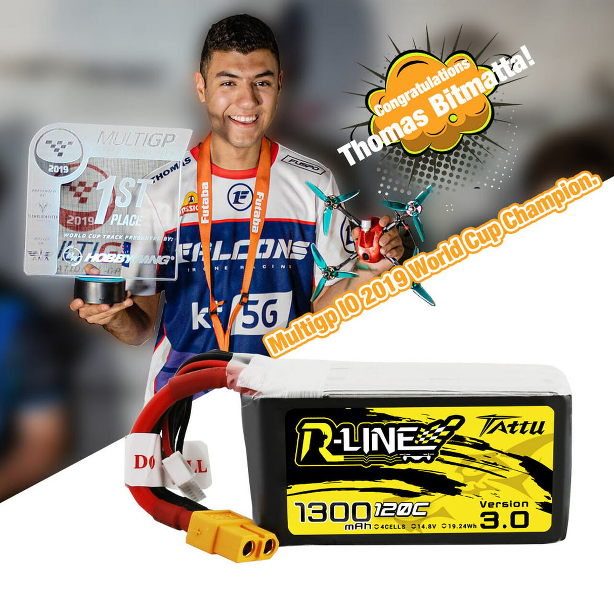 Tattu R-Line Version 3.0 1300mAh 14.8V 120C 4S1P Lipo Battery Pack with XT60 Plug - DroneDynamics.ca