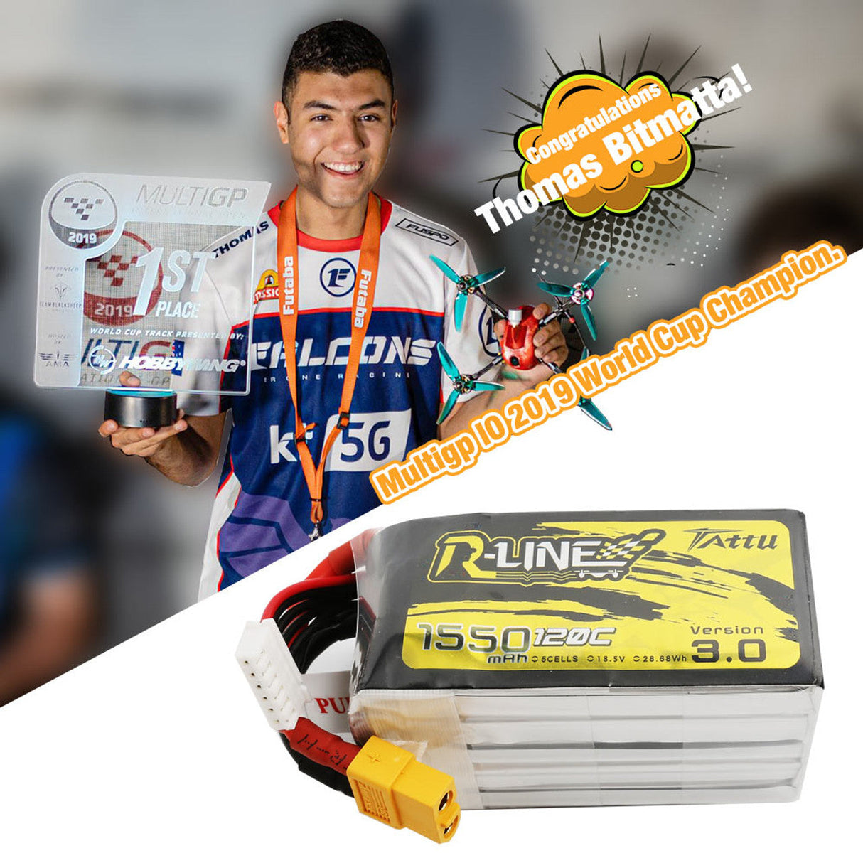 Tattu 1550mAh 5S 120C 18.5V R-Line Version 3.0 Lipo Battery with XT60 Plug