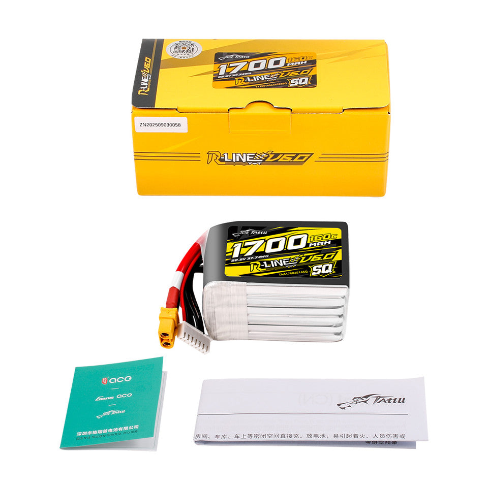 Tattu R-Line Version 6.0 1700mAh 160C 6S 22.2V SQ Lipo Battery Pack with XT60 Plug