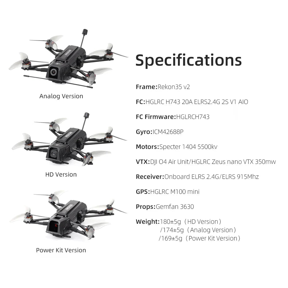 HGLRC Rekon35 v2 Long-Range FPV Drone (Analog + ELRS 2.4G)
