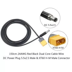 HP RJX - XT60 Male Bullet Connector to Male DC 5.5mm X 2.5mm DC5525 Rubber Power Cable for TS100 Electric Soldering Iron - DroneDynamics.ca