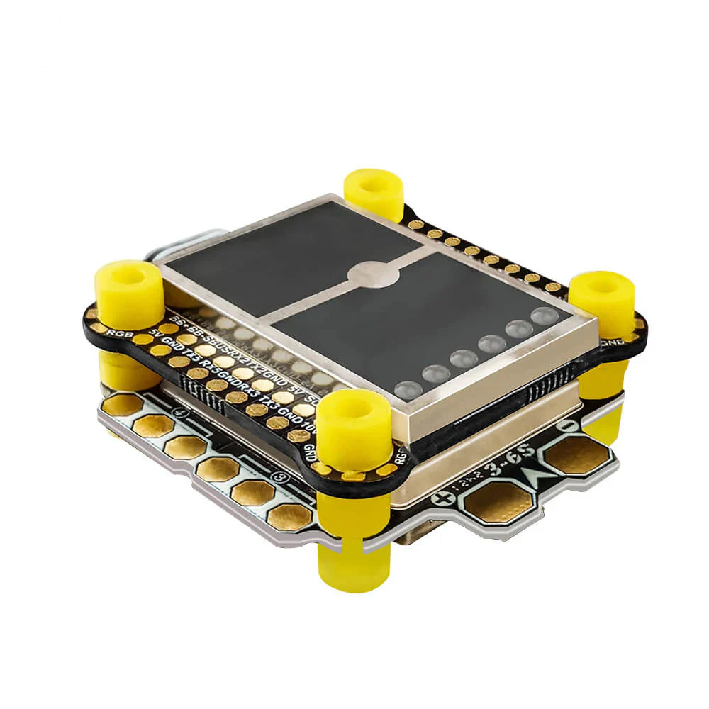 Electronic component with yellow connectors on a white background, featuring the DarwinFPV logo.
