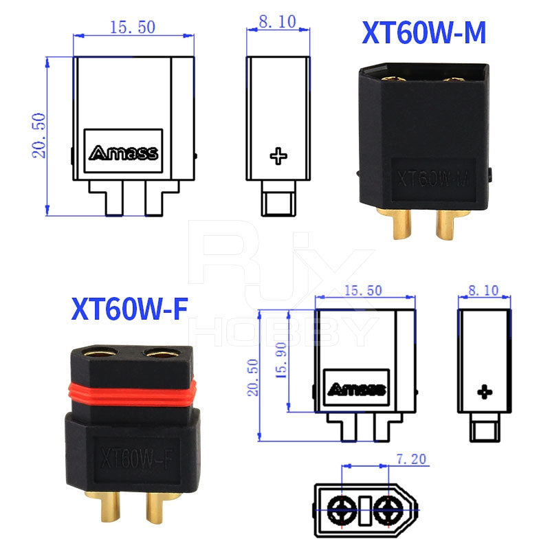 RJX Amass XT60W Waterproof Plug Gold-Plated Bullet Connectors (5-Pairs)