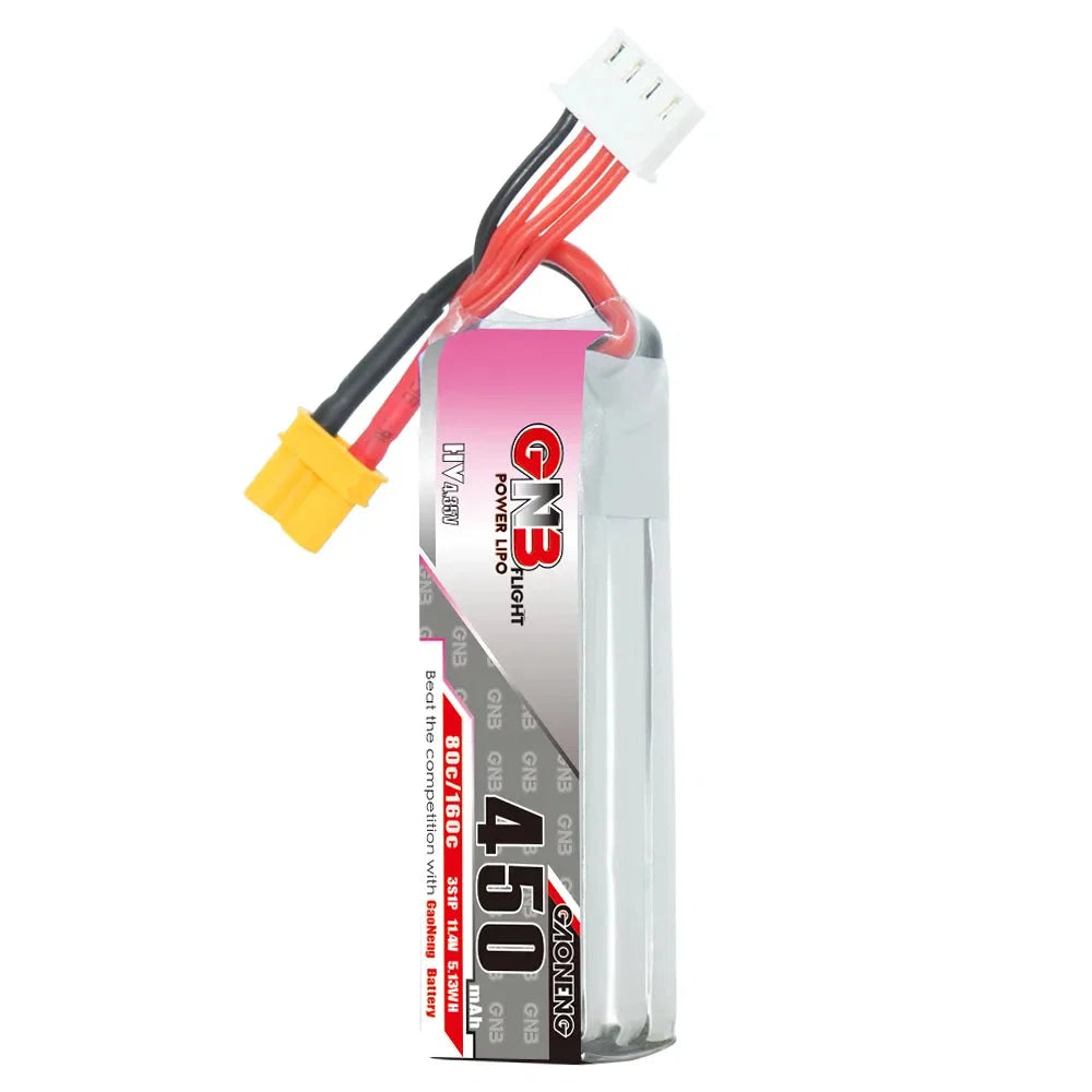 GAONENG GNB LiHV 3S 11.4V 450mAh 80C XT30 LiPo Battery Long Type