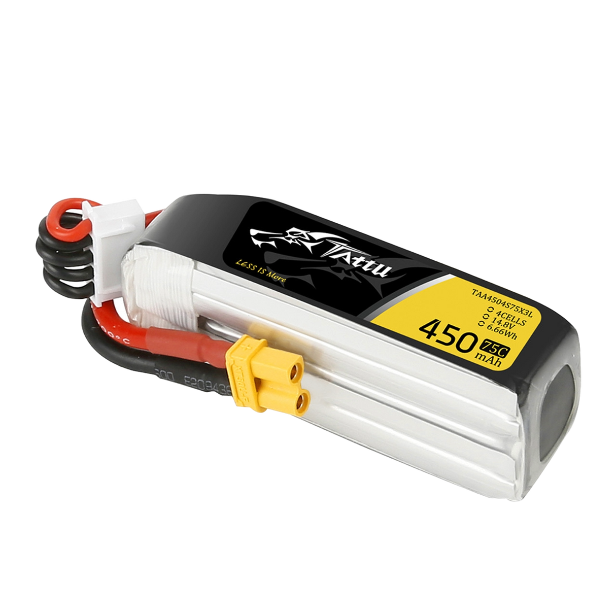 Batterie Lipo Tattu 4S 450 mAh 75 C 14,8 V avec prise XT30 - Taille longue pour cadre en H