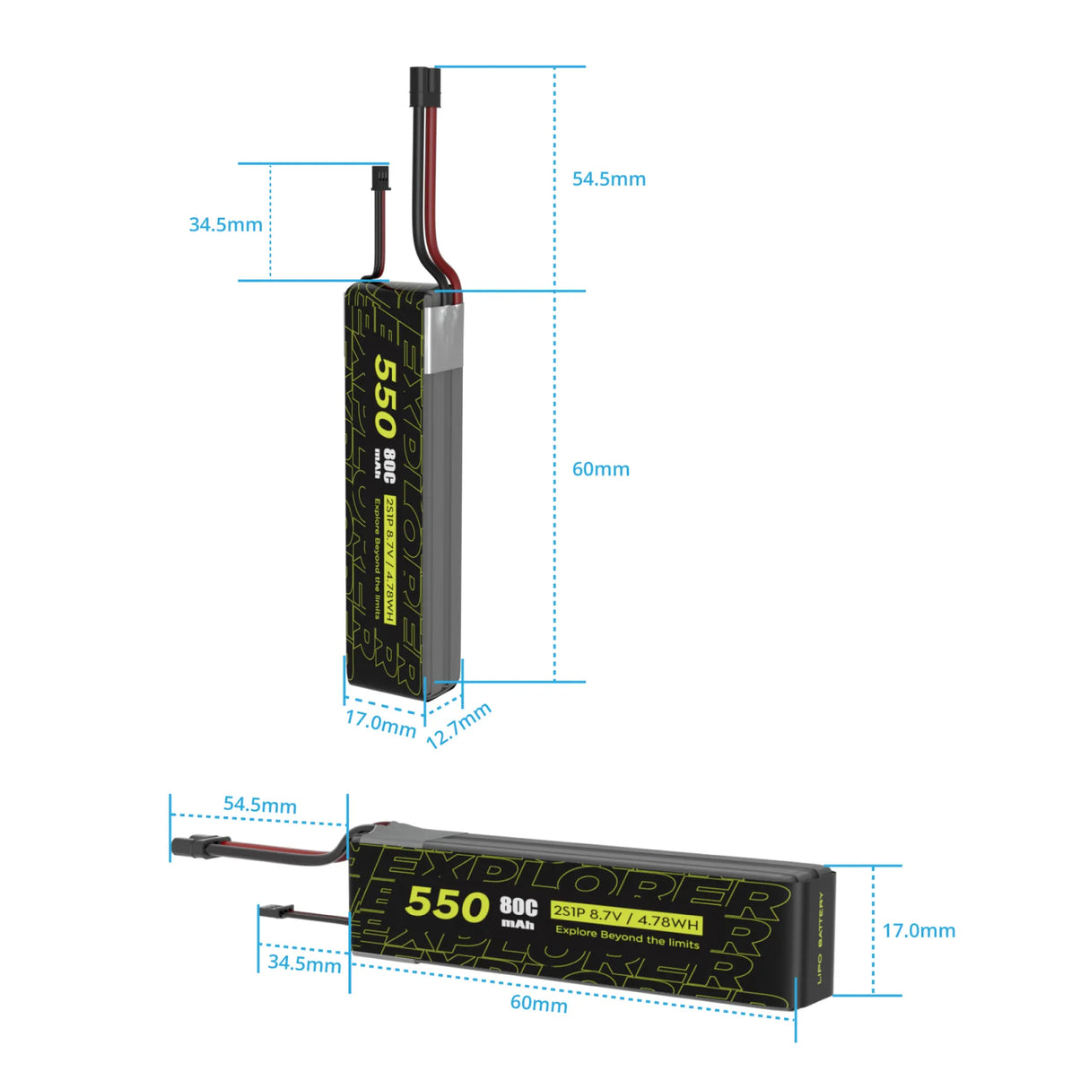 Explorer 550mah HV 2S 80C Lipo Battery for Micro quad XT30 (2-Pack)