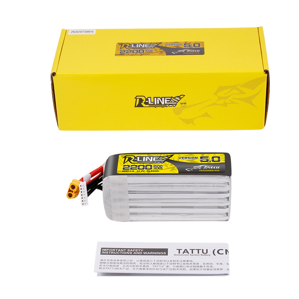 Tattu R-Line Version 5.0 2200mah 6S 150C 22.2V Lipo Battery Pack with XT60 Plug