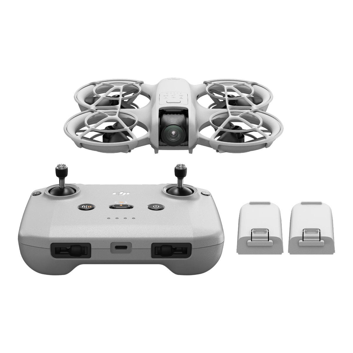 A 3D render of the DJI Neo, RC N3 and 2 extra Neo flight batteries.