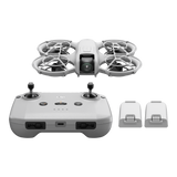 A 3D render of the DJI Neo, RC N3 and 2 extra Neo flight batteries.