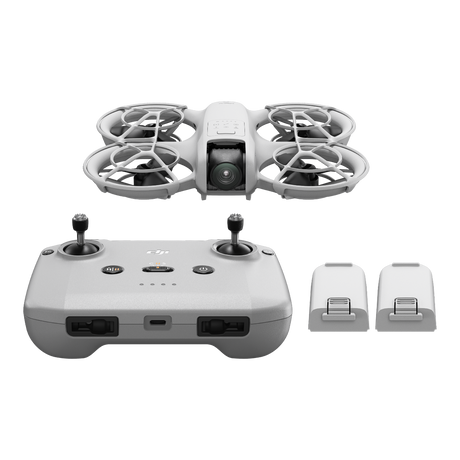 A 3D render of the DJI Neo, RC N3 and 2 extra Neo flight batteries.