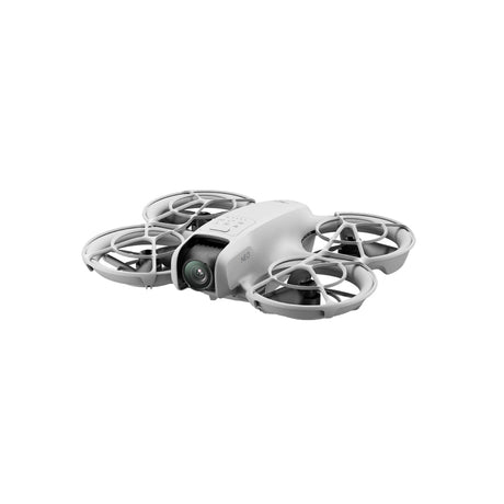 A 3D render of the DJI neo facing to the left. The DJI Neo has its propeller guards installed.