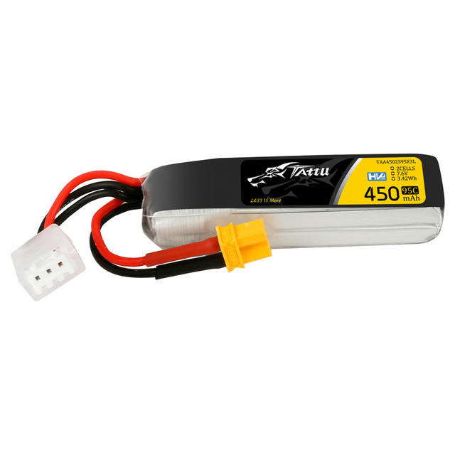 Tattu 450mAh 7.6V High Voltage 95C 2S1P Lipo Battery Pack with XT30 Plug - Long Pack - DroneDynamics.ca