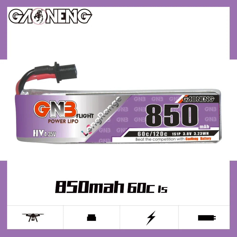 GNB LiHV 1S 3.8V 850mAh 60C A30 Cabled LiPo Battery Long Range