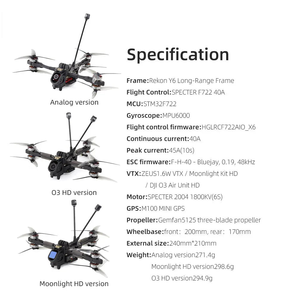 Rekon Y6 5-inch Long-Range FPV Drone (Analog/ELRS 2.4G)