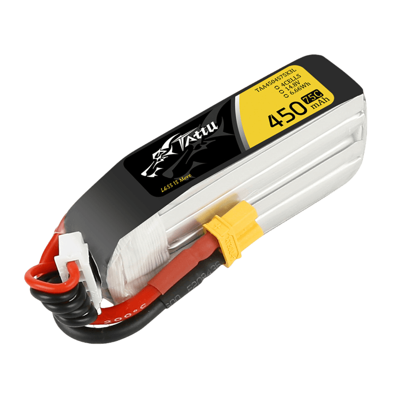 Batterie Lipo Tattu 4S 450 mAh 75 C 14,8 V avec prise XT30 - Taille longue pour cadre en H